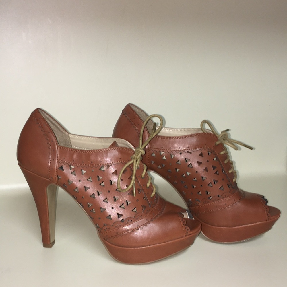Tan open toe G by Guess bootie heels